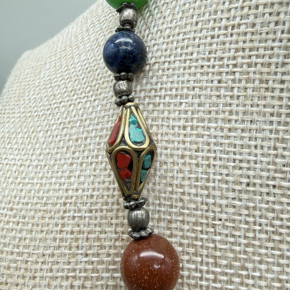Tibetan Inlay Dome Pendant Necklace Boho Mixed Glass/Semi Precious Beads & Stone - Picture 5 of 16